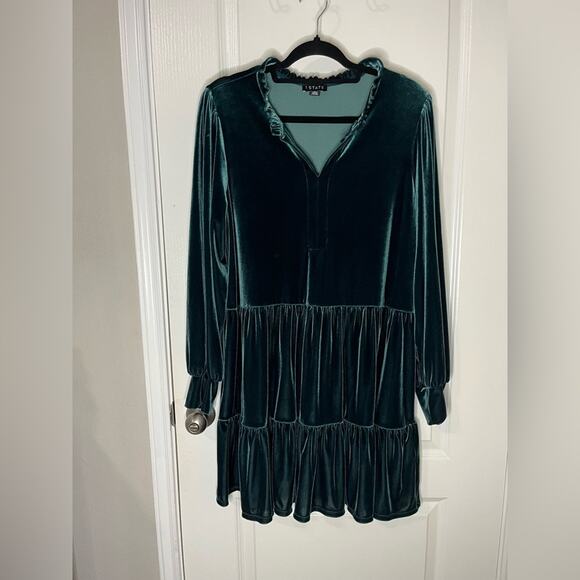1.STATE Deep Green Velour Velvet Long Sleeve Ruffle Babydoll Dress w/ V-neck XL - Picture 2 of 11
